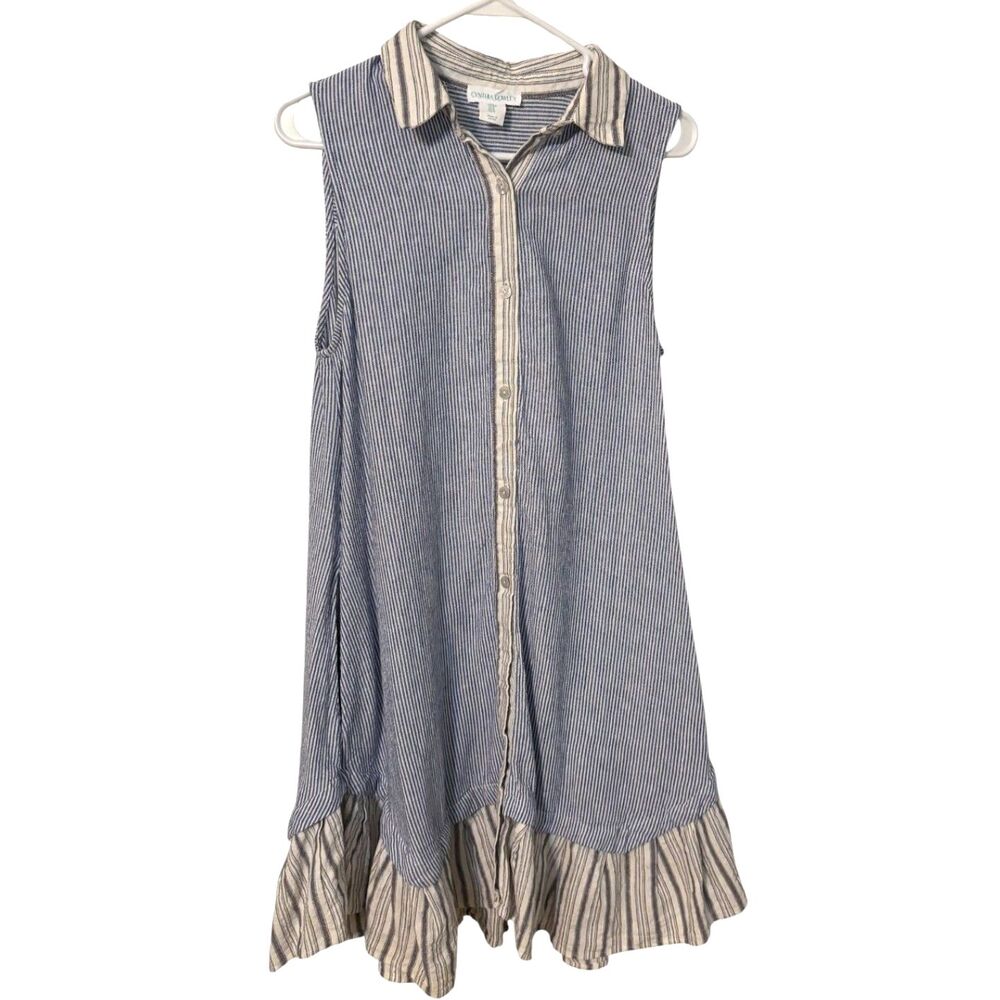 Cynthia Rowley Linen Blend Striped Shirt Dress Tunic Ruffle Hem Small